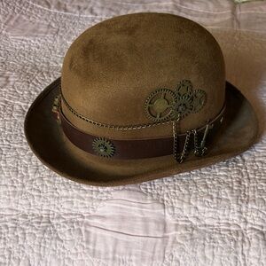 Spirit Brown Steampunk Bowler Hat with Brass Gear Accents